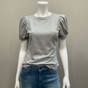 PAIGE Matcha Gray Puff Sleeve Cotton T-Shirt Women's Top Pleated